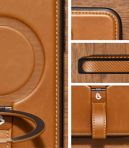 for iPhone 17 Leather Case with Stand, Anti-Slip Grip Ring, Fits for MagSafe (Brown, iPhone 17)