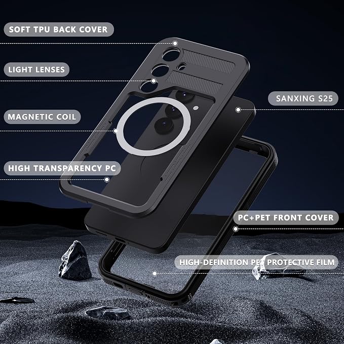Omio Designed for Galaxy S25 Waterproof Case Compatible with MagSafe, Magnetic Waterproof Full Body IP68 Underwater Case Built-in Screen Protector Military Grade Shockproof Case for Men Women Black