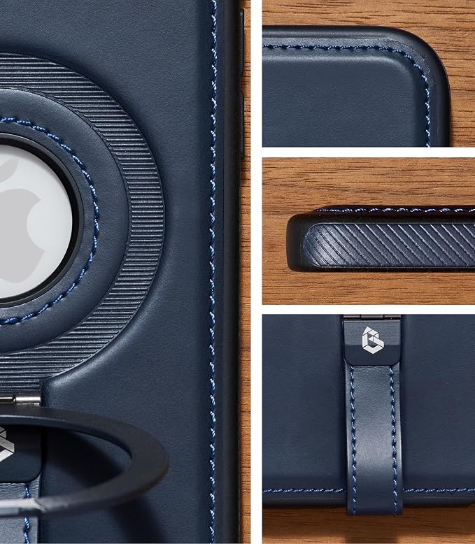 for iPhone 12 / iPhone 12 Pro Leather Case with Stand, Anti-Slip Grip Ring, Fits for MagSafe (Blue, iPhone 12/12 Pro)