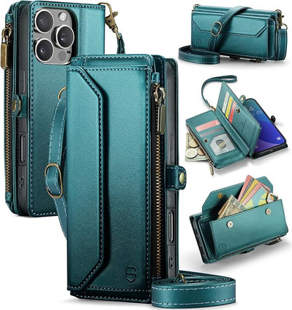 Strapurs Wallet Case Compatible with iPhone 16 Pro 6.3" RFID Blocking 10-Card Holder Soft PU Leather Magnetic Snap Shoulder Strap Zipper Pocket Phone Case Fit for iPhone 16 Pro for Women - Blue Green