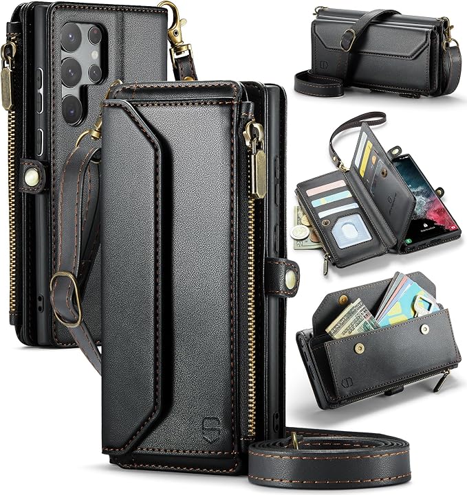 Strapurs Crossbody Wallet Case Compatible with Samsung Galaxy S22 Ultra 5G RFID Blocking 10-Card Holder Soft PU Leather Magnetic Snap Strap Zipper Pocket Phone Case Fit for Galaxy S22 Ultra - Black