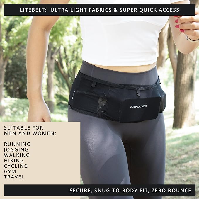Build & Fitness LiteBelt Running Belt – 4 Quick Top-Access Pockets –Flip Waist Pack, Running Phone Holder – Fits All Size Phones, Keys, Cards, Earpods, GUs – for Men and Women (Black, M)