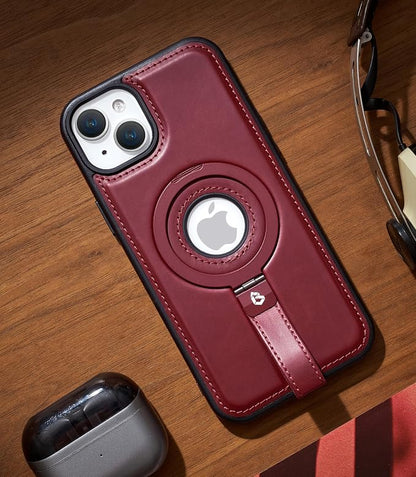 for iPhone 14 /iPhone 13 Leather Case with Stand, Anti-Slip Grip Ring, Fits for MagSafe (Burgundy, iPhone 14/13)
