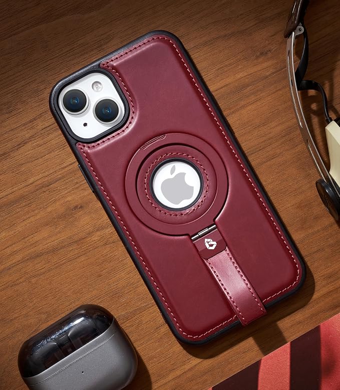 for iPhone 15 Plus/iPhone 14 Plus Leather Case with Stand, Anti-Slip Grip Ring, Fits for MagSafe (Burgundy, iPhone 15/14 Plus)