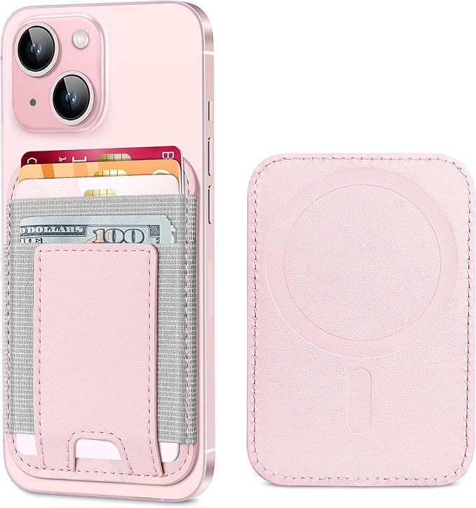 Upgraded for Magsafe Wallet, Strongest Magnetic Wallet for iPhone 17/16/15/14/13/12 Series, for iPhone Magsafe Walletwith 2 Card Slots, RFID Blocking, Slim, Vegan Leather, Fit 7 Cards, Baby Pink