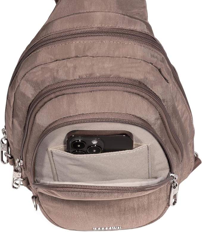 Baggallini Securtex® Anti-Theft Multi Zip Sling - Lightweight 8.6"x15.2" Travel Bag with Locking Zippers & RFID Protection