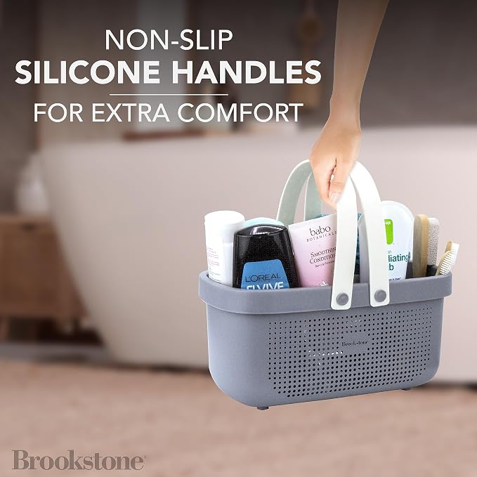Brookstone Modern Large Portable Shower Caddy with Soft Silicone Carrying Handle, Bathroom Organizer Basket, Plastic Bath Tote and Shower Organizer, Quick Dry Drainage Holes, BPA Free, Grey