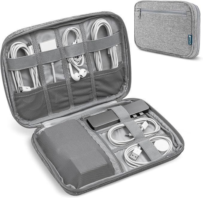 PAVILIA Travel Cord Organizer Case for Cables & Chargers, Gray | 10 x 6.8 x 1.7 in 600D water-repellent electronics bag pouch with 7 loops, 5 mesh pockets, front zip pocket and dual zippers