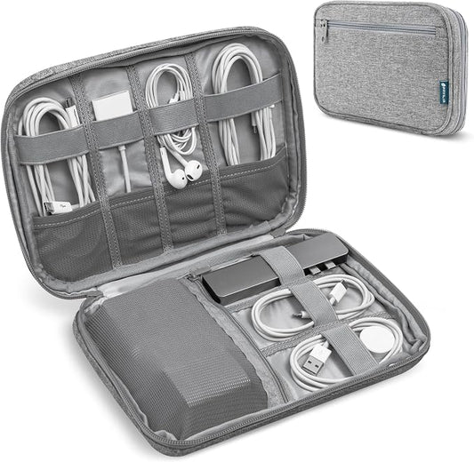 PAVILIA Travel Cord Organizer Case for Cables & Chargers, Gray | 10 x 6.8 x 1.7 in 600D water-repellent electronics bag pouch with 7 loops, 5 mesh pockets, front zip pocket and dual zippers