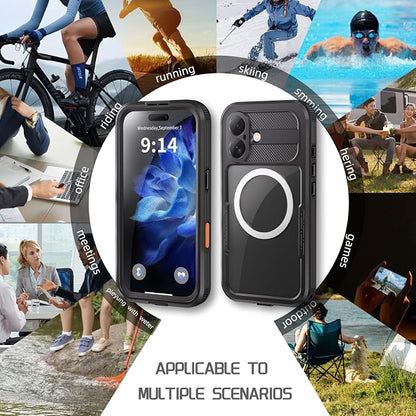 Omio Designed for iPhone 16 Waterproof Case Compatible with MagSafe, Magnetic Waterproof Full Body IP68 Underwater Case Built-in Screen Protector Military Grade Shockproof Case for Men Women Black
