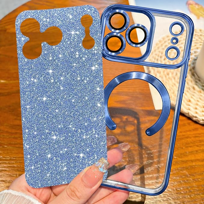 Hython for iPhone 17 Pro Case Glitter Clear Magnetic Phone Cases [Compatible with MagSafe] Full Camera Lens Protector Sparkle Luxury Plating Slim Shockproof Protective Cover Women, Deep Blue