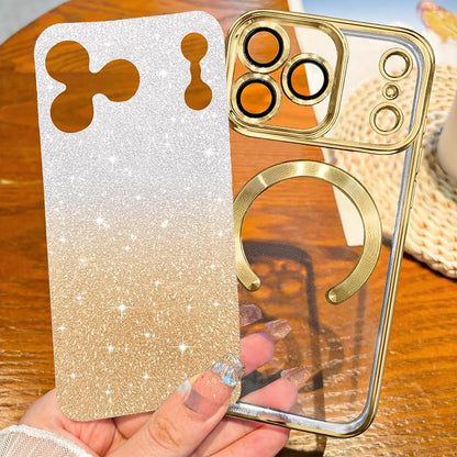 Hython for iPhone 17 Pro Case Glitter Clear Magnetic Phone Cases [Compatible with MagSafe] Full Camera Lens Protector Sparkle Luxury Plating Slim Shockproof Protective Cover Women, Gradient Gold