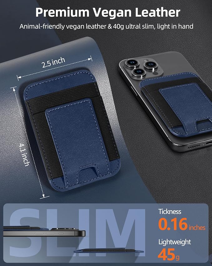 Upgraded for Magsafe Wallet, Strongest Magnetic Wallet, for iPhone Walle t Magsafe with 2 Card Slots, Magnetic Card Holder for iPhone 17/16/15/14/13/12 Series, Vegan Leather, Fit 7 Cards, Navy Blue