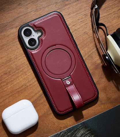 for iPhone 17 Leather Case with Stand, Anti-Slip Grip Ring, Fits for MagSafe (Burgundy, iPhone 17)