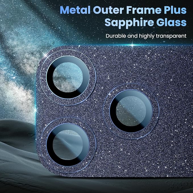 Uyiton for iPhone 17-Pro Camera-Lens Protector: Bling [Not Easy to Break][Strong Adsorption][Case-Friendly] Metal Tempered Glass Rear Camera Screen Cover - Glitter Blue