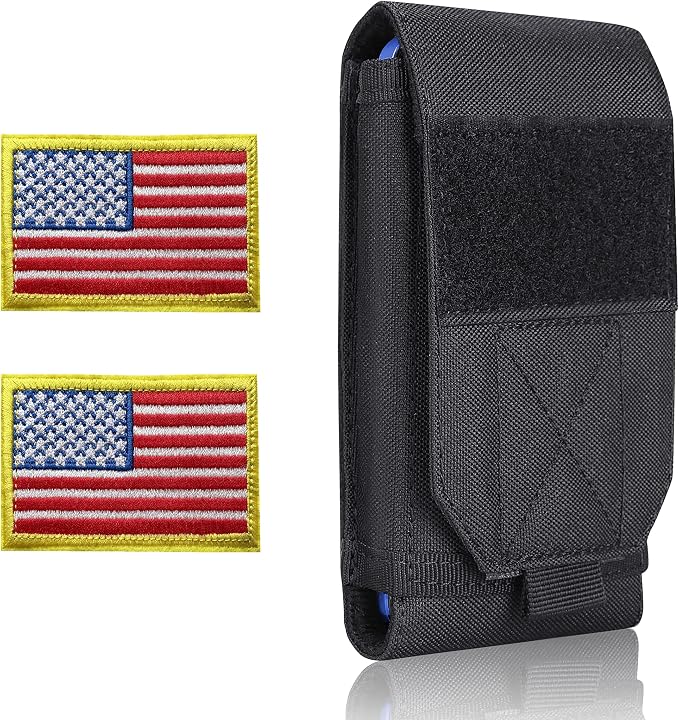 Black Tactical Molle Cellphone Pouch Case,Heavy Duty Waterproof Phone Holster Bag for iPhone 11 12 13 Pro Max for Samsung S22 S21 S20 FE Note 20 A02S Less 6.7" Phone with 2 Pack US Flag Patch