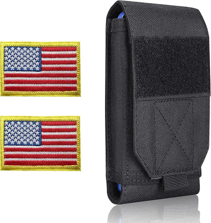 Black Tactical Molle Cellphone Pouch Case,Heavy Duty Waterproof Phone Holster Bag for iPhone 11 12 13 Pro Max for Samsung S22 S21 S20 FE Note 20 A02S Less 6.7" Phone with 2 Pack US Flag Patch