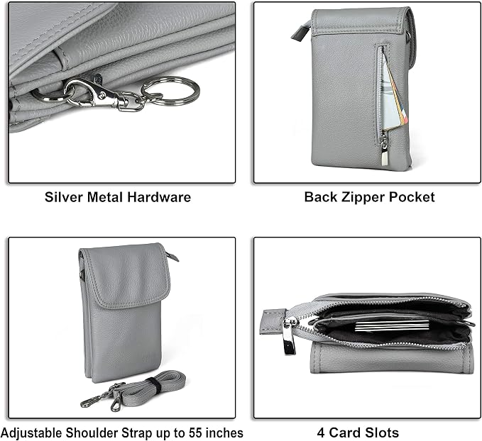 befen Genuine Leather Small Crossbody Bags for Women Cell Phone Bag Cross Body Purses,Silver Zipper