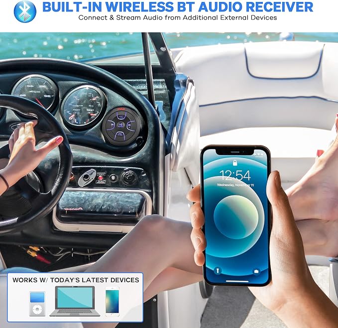 Pyle Car Wireless Bluetooth Audio Controller - Bluetooth Media Button Rated Marine Receiver Remote Control w/ USB, AUX, Mount for Car Truck Boat Marine PowerSport Vehicles - Pyle PLMRBTRD1