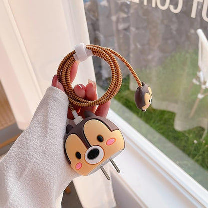 3D Cute Cartoon Charger Protector Case - Compatible for Apple 20W USB-C Power Adapter and Lightning Cable (Brown Squirrel)