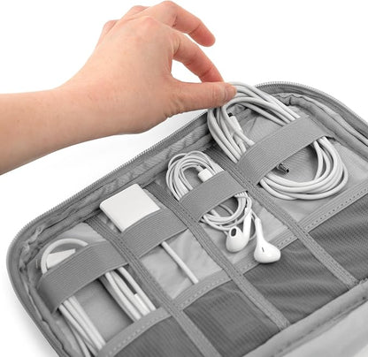 PAVILIA Travel Cord Organizer Case for Cables & Chargers, Gray | 10 x 6.8 x 1.7 in 600D water-repellent electronics bag pouch with 7 loops, 5 mesh pockets, front zip pocket and dual zippers