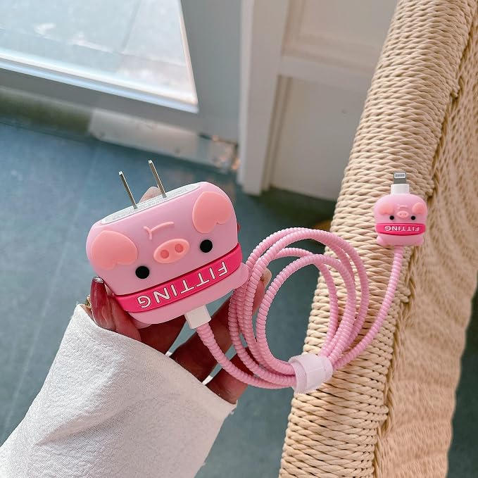 3D Cute Cartoon Charger Protector Case - Compatible for Apple 20W USB-C Power Adapter and Lightning Cable (Pink Pig)