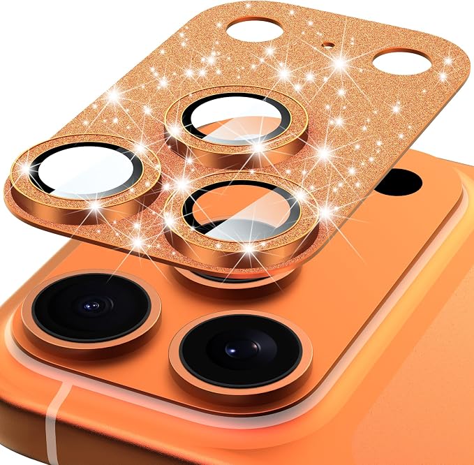 Suoman for iPhone 17 Pro Camera Lens Protector, [All-in-one] [Strong-Adhesion] Bling Glitter Independent Metal Frame Tempered Glass Camera Lens Cover -Orange