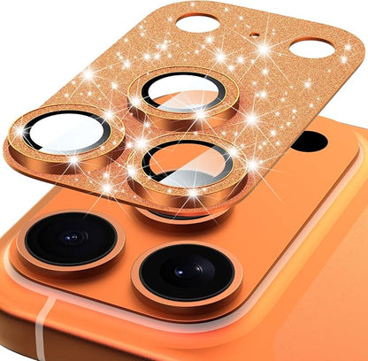 Suoman for iPhone 17 Pro Camera Lens Protector, [All-in-one] [Strong-Adhesion] Bling Glitter Independent Metal Frame Tempered Glass Camera Lens Cover -Orange