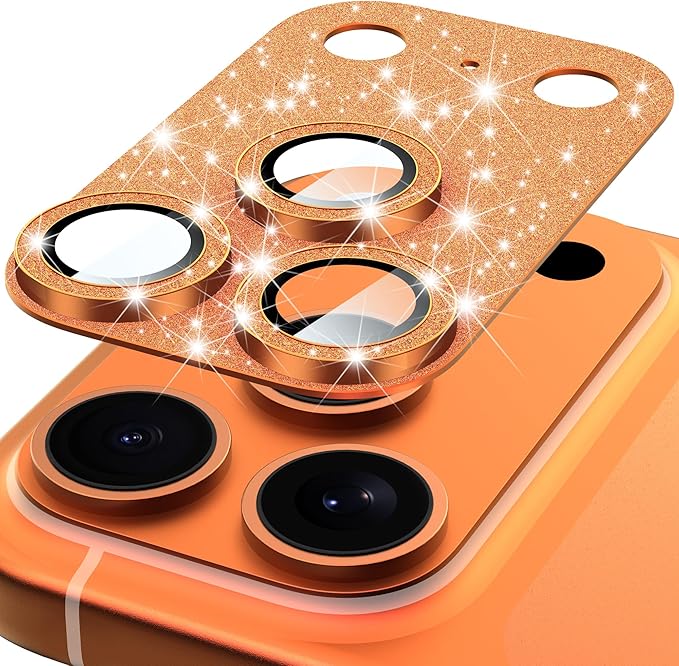 Suoman for iPhone 17 Pro Max Camera Lens Protector, [All-in-one] [Strong-Adhesion] Bling Glitter Independent Metal Frame Tempered Glass Camera Lens Cover -Orange