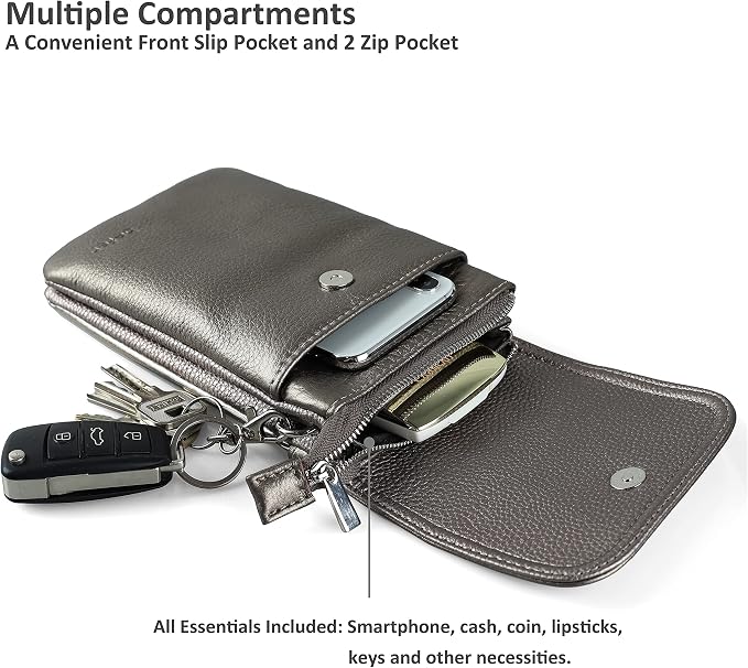 befen Genuine Leather Small Crossbody Bags for Women Cell Phone Bag Cross Body Purses,Silver Zipper