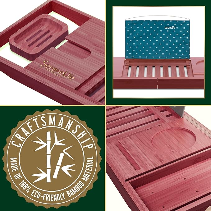 SereneLife Premium Bathtub Tray Caddy with Gift Box and Bow Set, Expandable Bath Tray, Unique House Warming Gifts for Mom, Women, Wedding, Anniversary, Bridal Shower, Fit for All Tub - Stain Brown