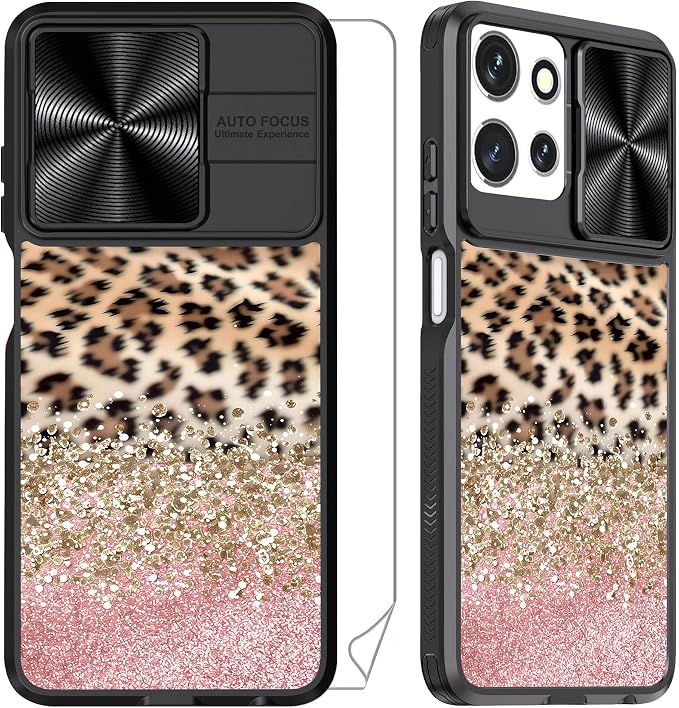 for Motorola Moto G 5G 2025 Case with Leopard Print, Metal Slide Camera Cover, Screen Protector, Anti-Peeping Privacy Safeguard, Camera Lens Protector Phone Case for Moto G 5G 2025