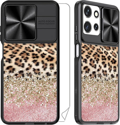 for Motorola Moto G 5G 2025 Case with Leopard Print, Metal Slide Camera Cover, Screen Protector, Anti-Peeping Privacy Safeguard, Camera Lens Protector Phone Case for Moto G 5G 2025