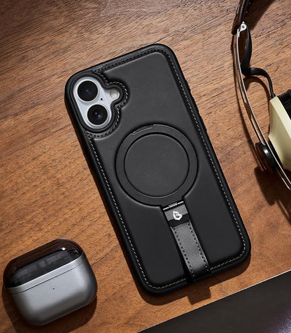 for iPhone 17 Leather Case with Stand, Anti-Slip Grip Ring, Fits for MagSafe (Black, iPhone 17)