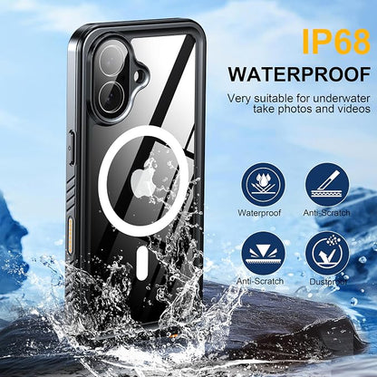 ANTSHARE for iPhone 17 Case, Compatible with Magsafe, IP68 Waterproof Case, [Built-in Screen Protector] - 12 FT Military Dropproof - Full Body Heavy Duty Rugged Phone Cover - Black/Clear