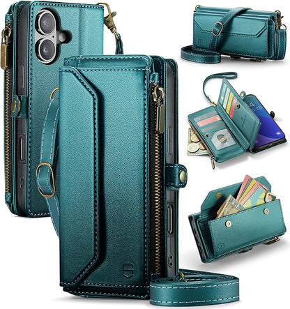 Strapurs Wallet Case Compatible with iPhone 16 Plus 6.7" RFID Blocking 10-Card Holder Soft PU Leather Magnetic Snap Shoulder Strap Zipper Pocket Phone Case Fit for iPhone 16 Plus - Bluegreen