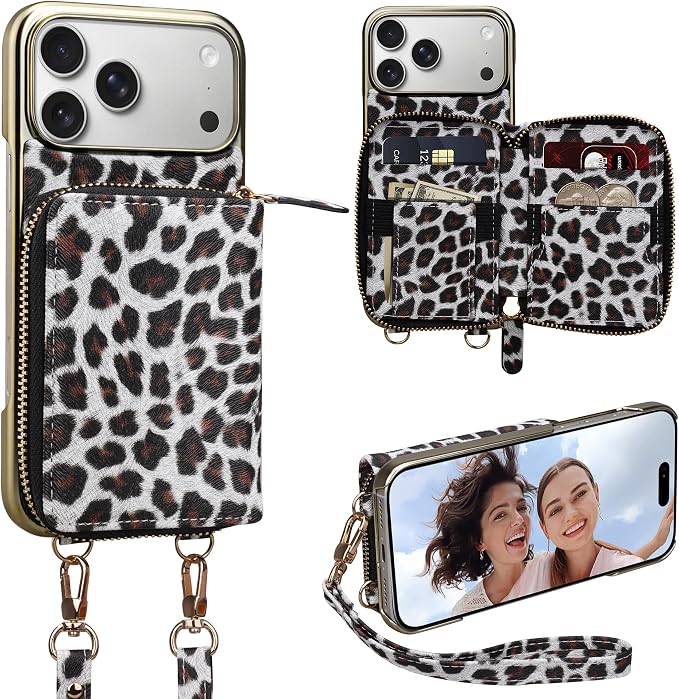 Keallce Wallet Case for iPhone 17 Pro Max 6.9", Crossbody Zipper Purse with Wristlet Strap, 4 Card Slots with RFID Blocking and Kickstand, Electroplated Leather Case for Women (White Leopard Print)