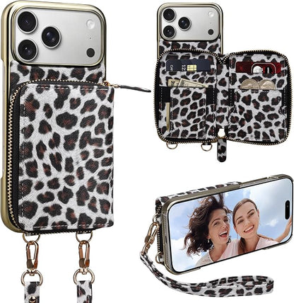 Keallce Wallet Case for iPhone 17 Pro Max 6.9", Crossbody Zipper Purse with Wristlet Strap, 4 Card Slots with RFID Blocking and Kickstand, Electroplated Leather Case for Women (White Leopard Print)