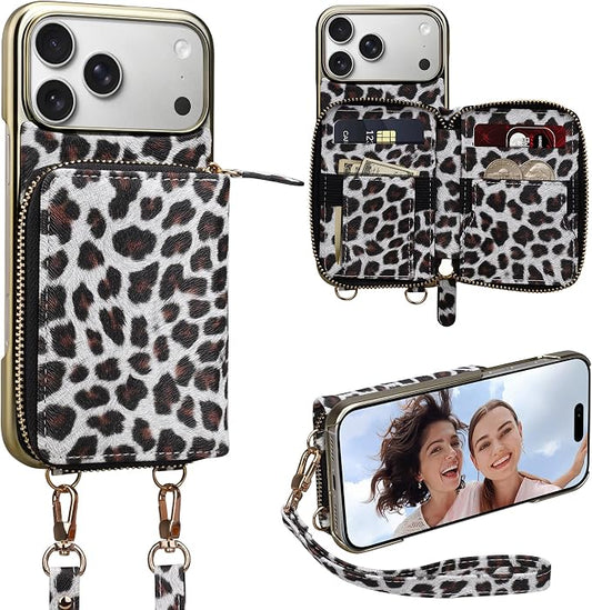 Keallce Wallet Case for iPhone 17 Pro Max 6.9", Crossbody Zipper Purse with Wristlet Strap, 4 Card Slots with RFID Blocking and Kickstand, Electroplated Leather Case for Women (White Leopard Print)
