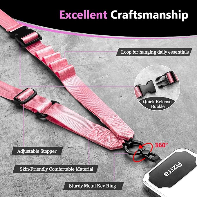 Azrra Adjustable Crossbody Cell Phone Lanyard for iPhone with Phone Tethers & Retractable ID Badge Card Holder (Pink)