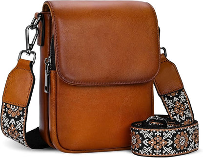 HESHE Leather Small Crossbody Bags for Women RFID Blocking Cell Phone Purse Anti-Theft Travel Bag with wide Straps