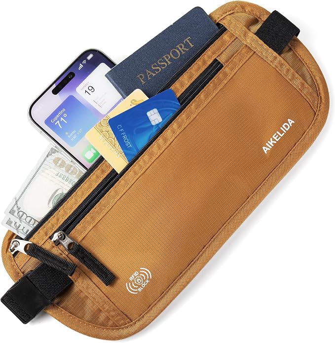 RFID Blocking Money Belt - Passport Holder & Travel Wallet, Slim Hidden Fanny Packs for Women Men - Gold