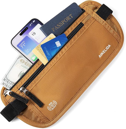 RFID Blocking Money Belt - Passport Holder & Travel Wallet, Slim Hidden Fanny Packs for Women Men - Gold