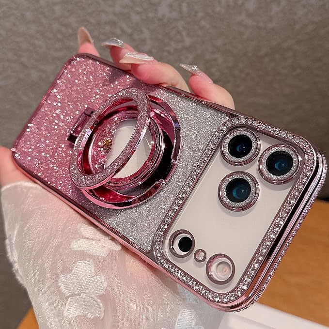 Glitter Kickstand Case for iPhone 17 Pro Max,Cute Bling Sparkly Diamond Rhinestones with Camera Lens Protector Liquid Flowing Ring Stand TPU Bumper Women Girls Case for iPhone 17 Pro Max,Pink