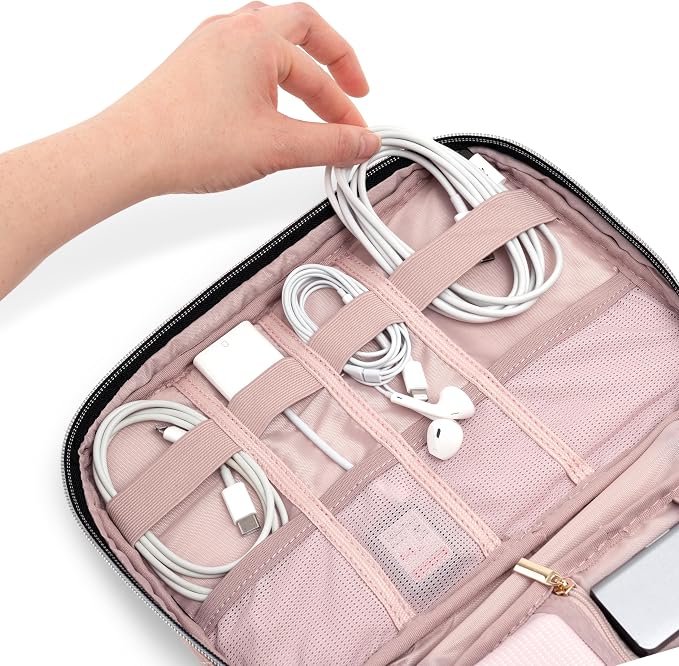 PAVILIA Travel Cord Organizer Case for Cables & Chargers, Pink Quilt | 10 x 6.8 x 1.7 in 600D water-repellent electronics bag pouch with 7 loops, 5 mesh pockets, front zip pocket and dual zippers