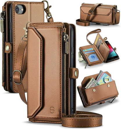 Strapurs Crossbody Wallet Case Compatible with iPhone SE/7/8 RFID Blocking 7-Card Holder Soft PU Leather Magnetic Snap Shoulder Strap Zipper Pocket Phone Cases Fit for iPhone SE 2020 2022 - Brown