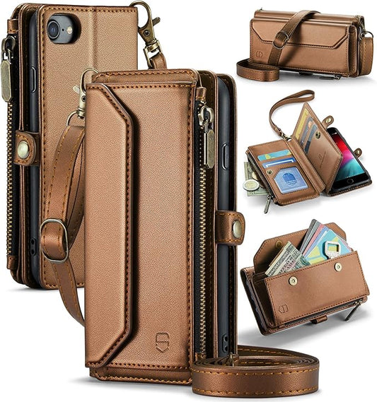 Strapurs Crossbody Wallet Case Compatible with iPhone SE/7/8 RFID Blocking 7-Card Holder Soft PU Leather Magnetic Snap Shoulder Strap Zipper Pocket Phone Cases Fit for iPhone SE 2020 2022 - Brown