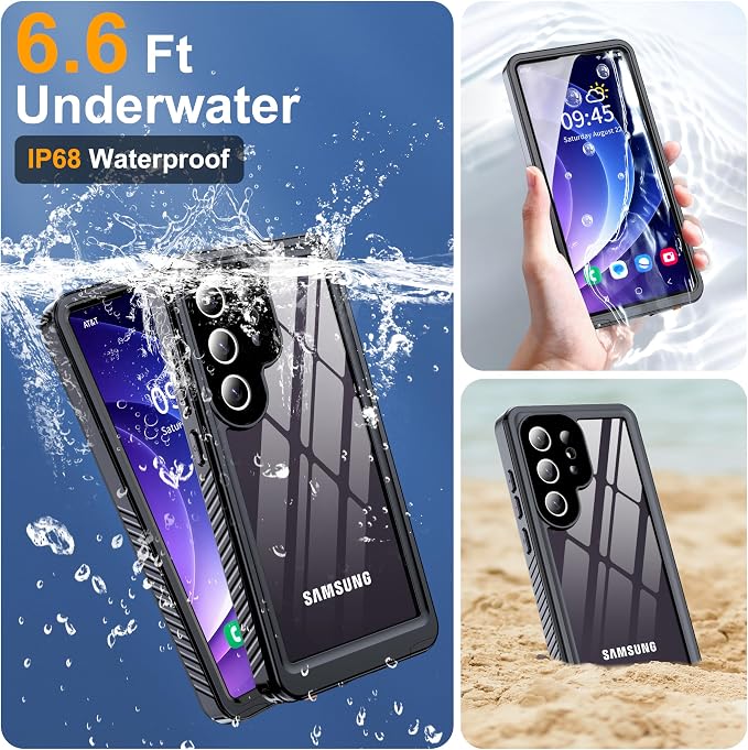 GOLDJU for Samsung Galaxy S25 Ultra Case Waterproof,IP68 Waterproof Dustproof Case with Built-in Screen Protector, Full Body Protective Phone Cover for Galaxy S25 Ultra 6.9 Inch, Black/Clear