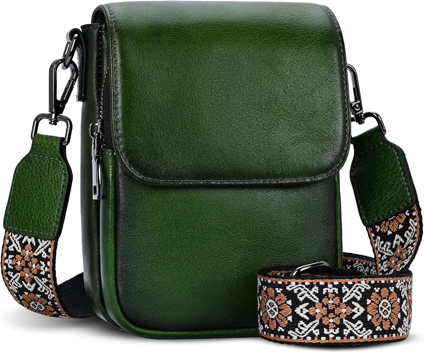 HESHE Leather Small Crossbody Bags for Women RFID Blocking Cell Phone Purse Anti-Theft Travel Bag with wide Straps