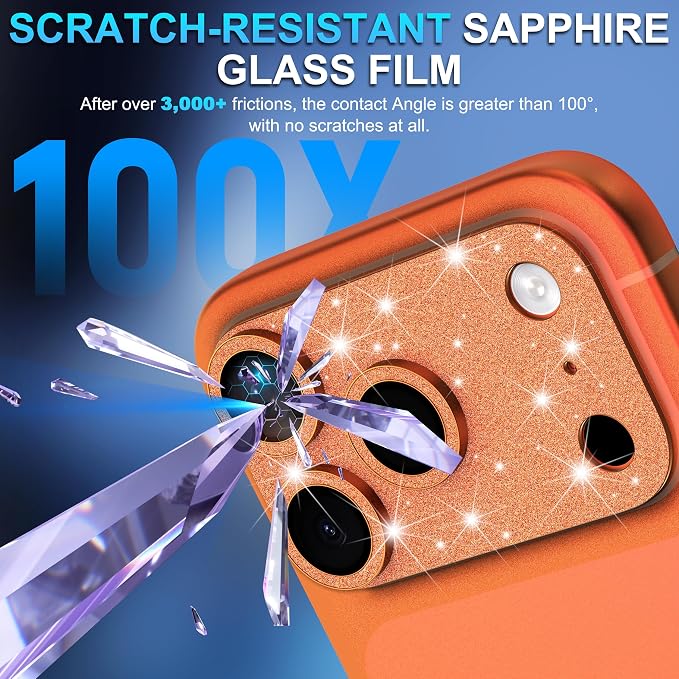 Suoman for iPhone 17 Pro Max Camera Lens Protector, [All-in-one] [Strong-Adhesion] Bling Glitter Independent Metal Frame Tempered Glass Camera Lens Cover -Orange